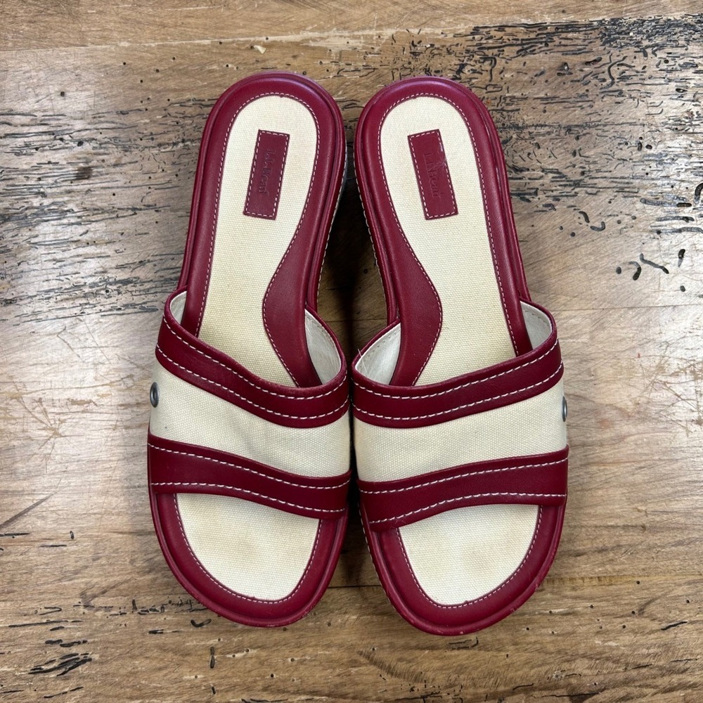 L.L. Bean Platform Slide Sandals Womens 8.5 Red Cream Canvas Nautical Preppy